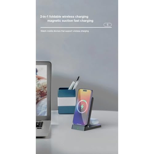 2 in 1 Dual Coil Magnetic Wireless Charger Stand Foldable Desktop Fast Charging Station for iPhone 17 16 15 14 13 12 for Airpods (Black)