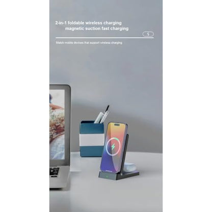 2 in 1 Dual Coil Magnetic Wireless Charger Stand Foldable Desktop Fast Charging Station for iPhone 17 16 15 14 13 12 for Airpods (Black)