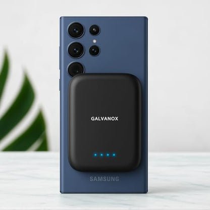 Galvanox Magnetic Power Bank for Samsung Phones (15W) Wireless Charging Battery Pack for Android, Galaxy S24 S25 Plus, S26 Ultra (Compatible with MagSafe Case Required) 5000mAh Portable Charger, Black