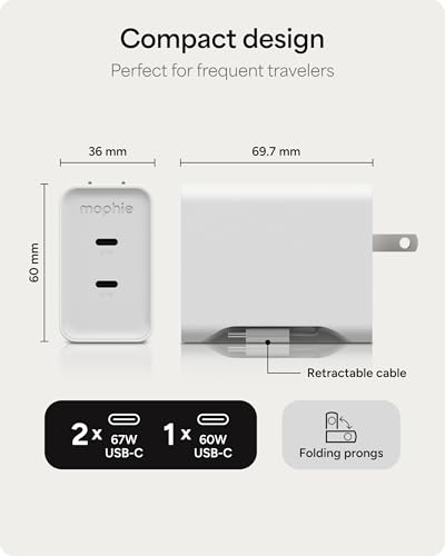 Mophie Speedport 67 GAN USB-C Charger Block - 67W Fast Wall Charger with 2 USB‑C PD Ports, Retractable Cable, Compact Foldable Prongs, Made with Recycled Materials, for Smartphones & Tablets - style: 67W