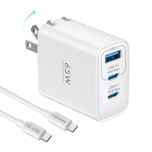 TOPADRE 65W USB C Charger Block,PD PPS 3 Ports GaN Charger Foldable Compact - color: White, size: 65W, style: 1-pack