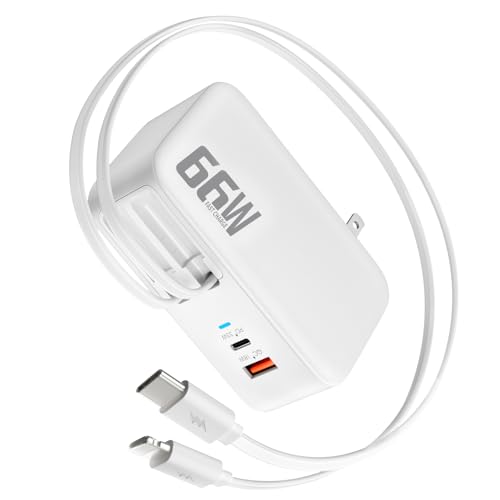 66W Retractable Wall Charger,4-in-1 Plug with USB-C&Lightening Fast Charger