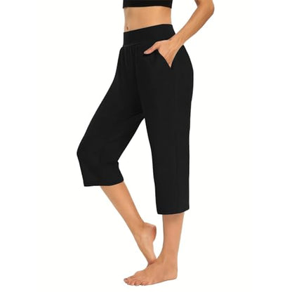 Womens Cropped Pants Plus Size Elasticated Waist Stretch Capri Pant - color: A#01 Black, size: Small