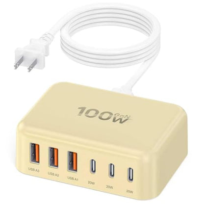 100W 6 in 1 USB Charger, 50% Smaller Charging Station for Multiple Devices - color: Yellow