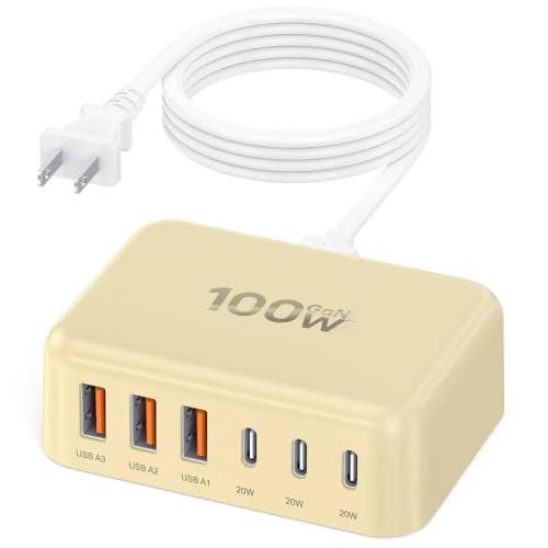100W 6 in 1 USB Charger, 50% Smaller Charging Station for Multiple Devices - color: Yellow