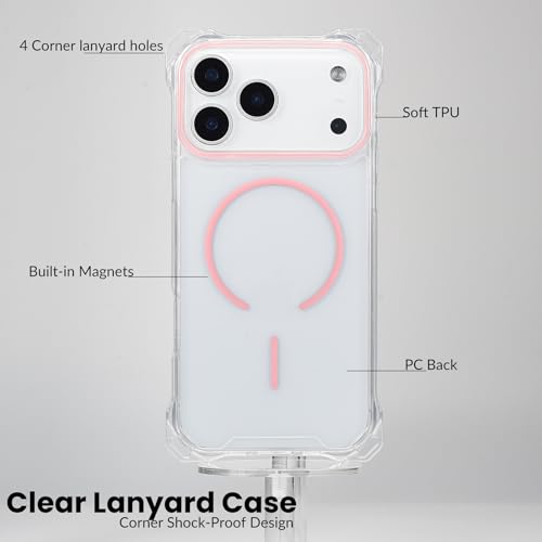 Magnetic for iPhone 17 Pro Max Crossbody Phone Case,Clear/Pink,Magnetic Soft Frame PC Back Shockproof Protective Phone Cover with Adjustable Detachable Lanyard,Compatible with MagSafe - color: Clear/Pink, size: iPhone 17 Pro Max
