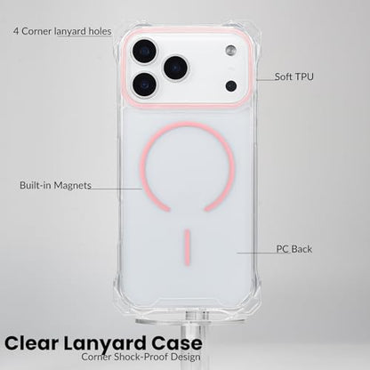 Magnetic for iPhone 17 Pro Max Crossbody Phone Case,Clear/Pink,Magnetic Soft Frame PC Back Shockproof Protective Phone Cover with Adjustable Detachable Lanyard,Compatible with MagSafe - color: Clear/Pink, size: iPhone 17 Pro Max
