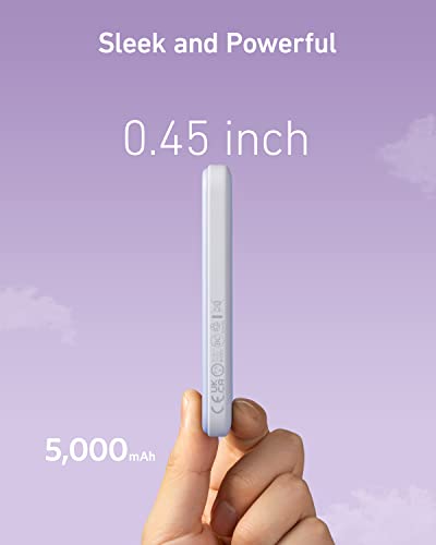 Anker 621 MagGo Power Bank, 5,000mAh Magnetic Portable Charger | Travel Essential Battery Pack with USB-C Cable, Compatible with iPhone 16 / 15 / 14 / 13 / 12 Series - color: Purple, size: 4.13 x 2.62 x 0.45 inches