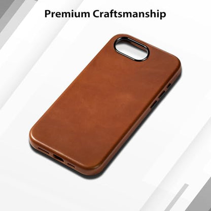 Belemay Handcrafted Full-Grain Vegetable-Tanned Leather Case for iPhone 17e / iPhone 16e, Compatible with MagSafe, Two-Tone Effect, Natural Patina, Metal Buttons Luxury Cover (6.1"), Saddle Brown - color: Saddle Brown