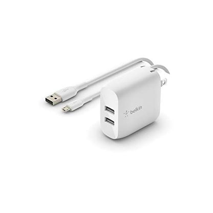 Belkin 24W Dual Port USB Charger Block, Micro USB Cable Included - size: 1.37 x 3.98 x 5.15 inches, style: Includes mUSB Cable