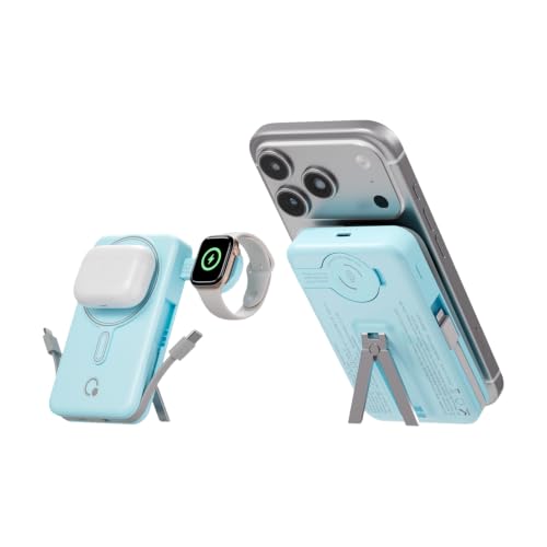 Q Magnetic Wireless Portable Charger 10,000mAh, Travel Essentials Power Bank with Built-in Cables & Foldable Stand, External Battery Pack Compatible with iPhone 17/16/15/14/13/12, Apple Watch - color: Blue