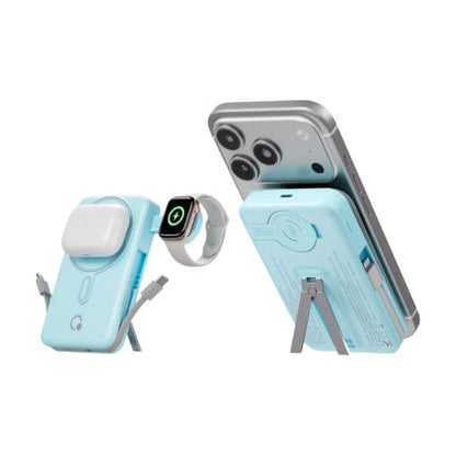 Q Magnetic Wireless Portable Charger 10,000mAh, Travel Essentials Power Bank with Built-in Cables & Foldable Stand, External Battery Pack Compatible with iPhone 17/16/15/14/13/12, Apple Watch - color: Blue