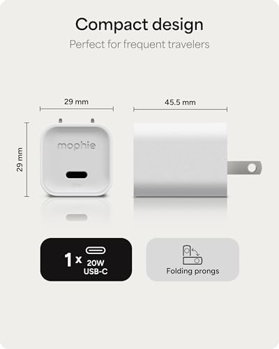 Mophie Speedport 20 GAN USB-C Charger Block - 20W Fast Wall Charger, 1× USB‑C PD Port, Compact Foldable Prongs, Made with Recycled Materials, for Smartphones, Tablets, Headphones - style: 20W