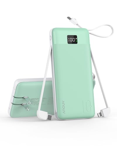 Portable Charger 10000mAh Power Bank w/Built-in 3 Cables & AC Wall Plug - color: Green