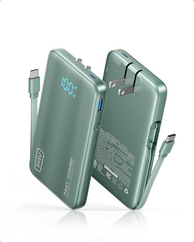 INIU 45W Fast Charging Portable Charger, 10000mAh with Built in Wall Plug | Slimmest, Built-in Wall Plug, USB-C Cable, GaN, Flight-Safe, 3 in 1 Power Bank for iPhone 17, Samsung, iPad etc, Green - color: Green