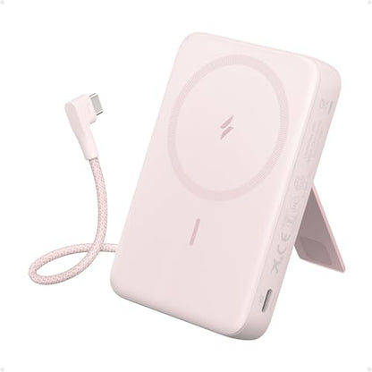 Anker Zolo Magnetic Power Bank, 10,000mAh Wireless Portable Charger | Magnetic Battery Pack with 30W Max Fast Charging, Built-in USB-C Cable and Adjustable Stand, for iPhone 17/16/15 Series - color: Pink