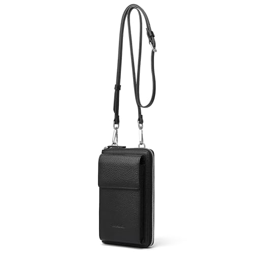 DORIS&JACKY Small Leather Crossbody Purse and Cell Phone Wallet for Women | RFID Blocking Shoulder Bag with Front Phone Pocket, Come with Long Detachable Strap and 12 Credit Card Slots - color: 1-black