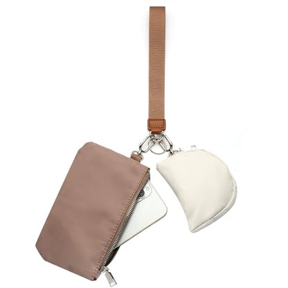 Mini Zip Around Wristlet Wallet, Dual Pouch Keychain Coin Purse for Women | Phone wallet design, detachable pouches, waterproof nylon, zipper closure, card holder, travel and daily essentials organizer - color: Khaki+Brown