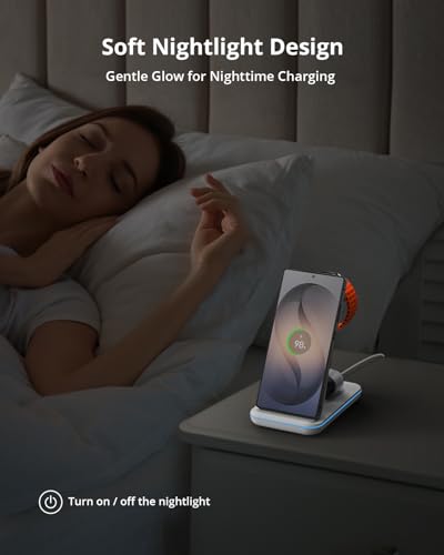JoyGeek 3 in 1 Wireless Charging Station for Samsung&Android, Charger Stand for S26/S25/S24/S23/S22/S21/S20/Note20/Z Fold&Flip Series, Galaxy Watch8/7/6/5/4/3/Active2/1, Not for Watch9 / Ultra2 - color: White