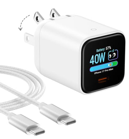 Smart Charging Butler–45W GaN Display Fast Charger with 5ft C-to-C Cable - color: White, size: 5FT