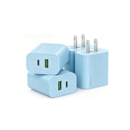 4 Pack USB C Charger Block,20W USB-C & USB-A Port Charger，for i Phone 17/16/15/14/13/12/11/X/8, i Pad and More，Blue - color: 4p blue