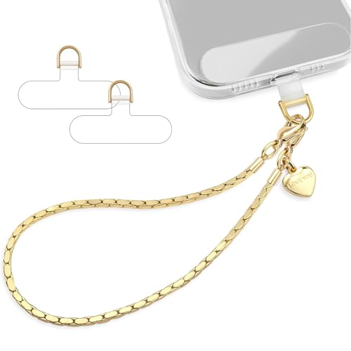 Shimmering Gold Phone Charm Strap, Metal Chain Wristlet with 2 Tether Tabs for iPhone Case, Anti-Theft Hands-Free, Women & Girls Travel Party Accessory