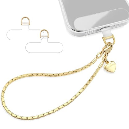 Shimmering Gold Phone Charm Strap, Metal Chain Wristlet with 2 Tether Tabs for iPhone Case, Anti-Theft Hands-Free, Women & Girls Travel Party Accessory