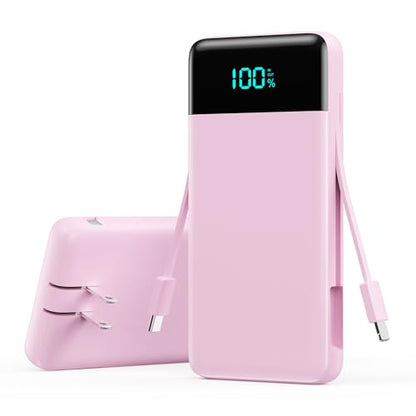 Portable Charger with Built-in AC Plug and Cables,13800mAh All in One USB C Fast Charging Power Bank,Travel Essentials Portable Phone Charger Battery Pack for iPhone 17/16/15/14/13,Galaxy,Android-Pink - color: Pink