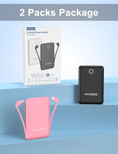 10000mAh Mini Portable Charger with Built in Cable, 2 Pack Black & Pink - color: 2 Pack Black & Pink