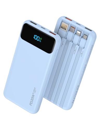 Nusyddy Portable Charger 10000mAh with 4 Built-in Cables & 6 Outputs Blue - color: Blue