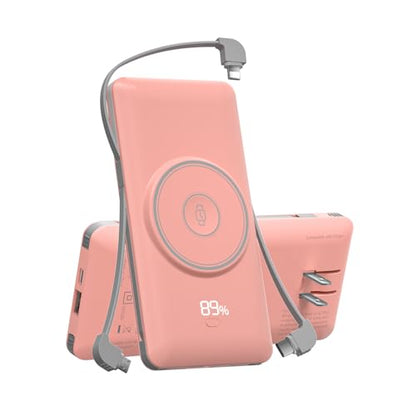 Magnetic 10000mAh Portable Charger for iWatch & iPhone, PD Fast Charging Wireless Power Bank Built-in Cables and Wall Plug, External Travel Battery Pack Compatible with iOS Android Phones - color: Pink