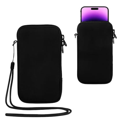 2 PCS Generic Phone Pouch - Neoprene Protective Sleeve Black | Shock-Absorbing & Scratch-Proof Phone Bag with Zipper Closure & Adjustable Neck Strap for Large Cell Phones