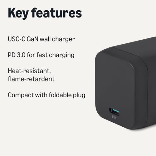 Amazon Basics 65W Fast Charging USB-C GaN Wall Charger, 1-Port PD 3.1, Compact with Foldable Plug for Laptops, Tablets, Phones, Black - color: Black, style: 65 W One Port