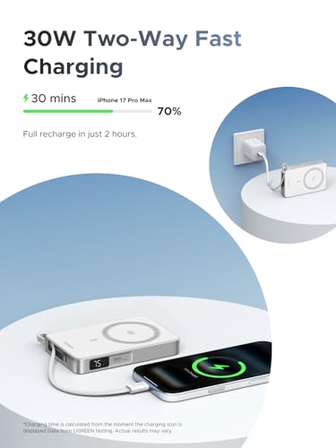 UGREEN MagFlow 10000mAh Qi2 25W Wireless Power Bank Built-in Cable - color: White