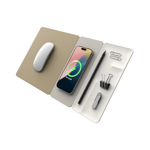 POUT H3 SplitMax 3-in-1 Wireless Charging Mouse Pad – Fast Qi Charger, Mousepad Mat, and Magnetic Tray Organizer – Compatible with Smartphones and Earbuds (Palette Cream)