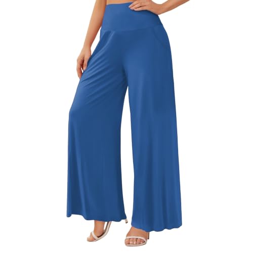 Women's Palazzo Lounge Wide Leg Casual High Waist Flowy Pants with Pockets - color: 01-blue, size: Medium