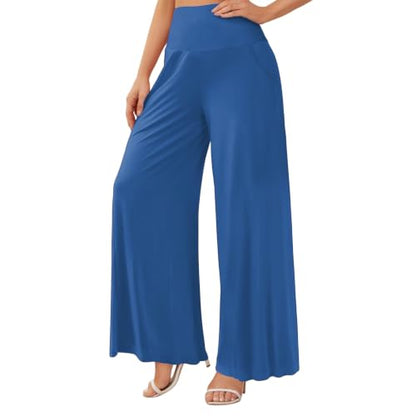 Women's Palazzo Lounge Wide Leg Casual High Waist Flowy Pants with Pockets - color: 01-blue, size: Medium
