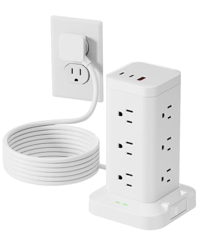 12AC 3USB Power Strip Tower Surge Protector 1800J, 8ft, White, 1 - color: White, size: 8ft