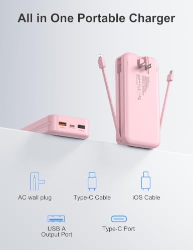 Portable Charger Power Bank 20000mAh with Built in Cables & Wall Plug - color: Pink