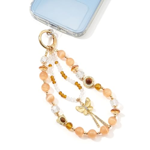 WOZEAH Phone Charm for Women, Beaded Wrist Strap Lanyard with Tether Tab – Anti-Theft Hands-Free Detachable Phone Chain Wristlet - color: Amber Butterfly Tassel