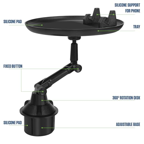 Cellet Cup Holder Tray for Car with Phone Mount – Expandable Base, 360° Rotation Food & Drink Tray with Non-Slip Surface, Adjustable Arm for Eating in Vehicle – Fits Most Standard Car Cup Holders - style: Food Tray