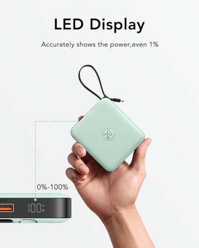 VRURC Portable Charger with Built-in Cable, 10000mAh 22.5W Fast Charging USB C Battery Pack, Cell Phone Power Bank for iPhone 17 16 15 Series Android Tablet (Green) - color: Green