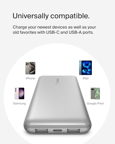Belkin 10000mAh 15W 3 Port Power Bank, USB A to USB C Cable Included | Fast Charging, iPhone 17, Samsung Galaxy, Pixel, Airpods, iPad, Nintendo Switch 2, Battery Pack, USB C Port, USB A Port - color: Silver