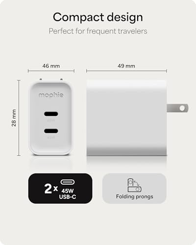 Mophie Speedport 45 GAN USB-C Charger Block - 45W Fast Wall Charger, 2× USB‑C PD Ports, Compact Foldable Prongs, Made with Recycled Materials, for Smartphones, Tablets, Headphones - style: 45W