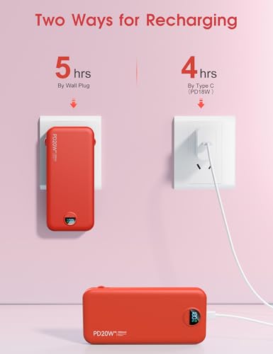 citicr Portable Charger 10000mAh PD20W w/Built-in Cables & Wall Plug Red - color: Red