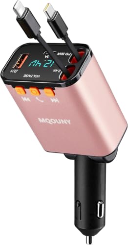 Retractable Car Charger,5 in 1 Fast Cars Phone Charger 60w,Bluetooth 5.3 FM Transmitter Adapter,Handsfree Call,MP3 Player,2 Retractable Cables and USB Chargers, for Phone,Galaxy,Pixel (Pink) - color: Pink