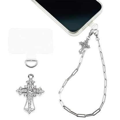 Phone Wrist Strap Metal Phone Chain Wristlet Strap Detachable Cellphone Lanyard Wrist with Tether Tab - color: 01_silver Christ Cross