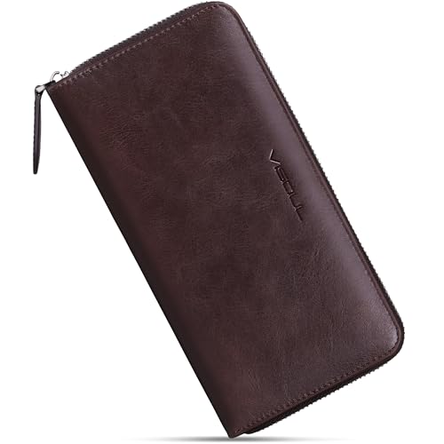 VISOUL Leather Long Zipper Pouch Wallet for Men and Women with RFID Blocking, Large Clutch Cash Long Wallet with Zipper (Coffee) - color: Coffee