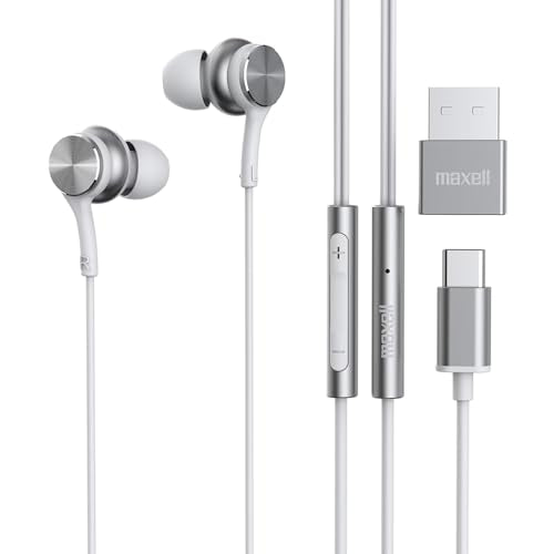 Maxell USB-C Wired Earbuds with USB-A Adapter, Built-in Microphone with Volume and Track Control, Compatible with All Devices with a USB-C and/or USB-A Port, Immersive Digital Chipset, White, 197293 - color: White