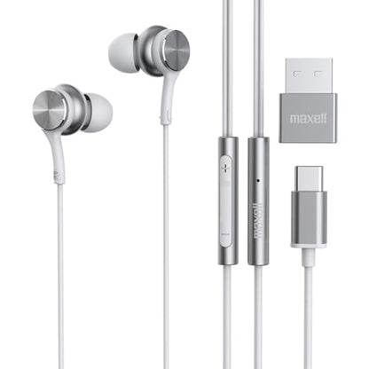 Maxell USB-C Wired Earbuds with USB-A Adapter, Built-in Microphone with Volume and Track Control, Compatible with All Devices with a USB-C and/or USB-A Port, Immersive Digital Chipset, White, 197293 - color: White